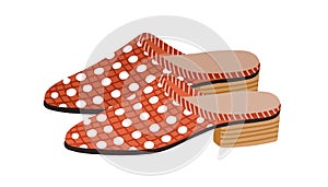 Fashion backless mule shoes or slippers with low heel. Trendy women's summer footwear. Colored flat vector illustration