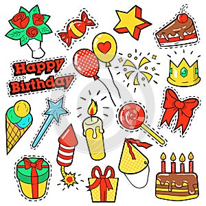 Fashion Badges, Patches, Stickers Birthday Theme. Happy Birthday Party Elements