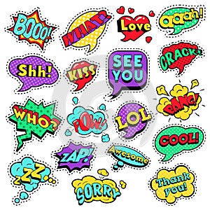 Fashion Badges, Patches, Stickers in Pop Art Comic Speech Bubbles Set with Halftone Dotted Cool Shapes