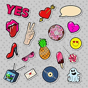 Fashion Badges, Patches, Stickers set with Girls Elements - Lips, Heart, Sweets, Speech Bubble and Ice Cream