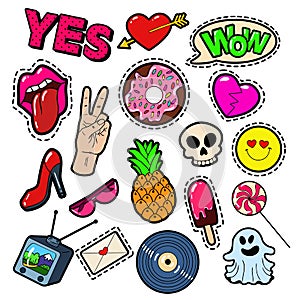 Fashion Badges, Patches, Stickers set with Girls Elements - Lips, Heart, Sweets, Speech Bubble in Pop Art Comic Style