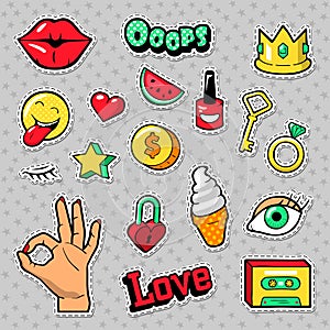 Fashion Badges Set with Patches, Stickers, Lips, Heart, Star, Hand in Pop Art Comic Style