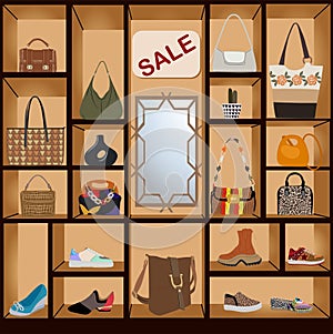 Fashion bags and shoes retail store sale.