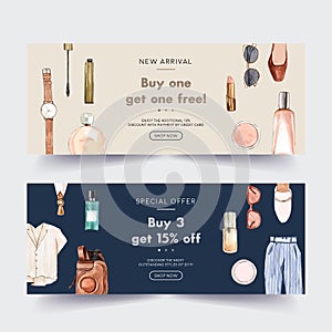 Fashion banner design with cosmetic, outfit, accessories watercolor illustration