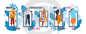 Fashion banners or labels with sale, discount or price advertising of mans and womans fashionable clothing, vector