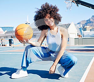 Fashion, basketball court and portrait of black woman with smile in trendy, urban style and edgy clothes in city. Sports