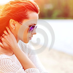 Fashion beautiful woman profile portrait in sunglasses - close u