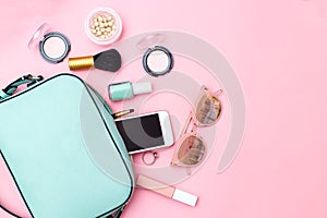 Fashion and beauty accessories pastels color. Copy space