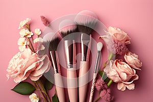 Fashion Beauty blog concept. Make up brushes, flowers on pink background. Generative AI