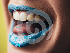 Fashion and beauty. Creative lip makeup. Artistic make-up. Beautiful macro shot of female plump lips.