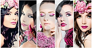 Fashion Beauty Faces. Set of Women. Purple Colors Makeup