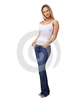 Fashion, beauty and full body of woman on a white background for trendy, stylish and 2000s clothes. Creative style