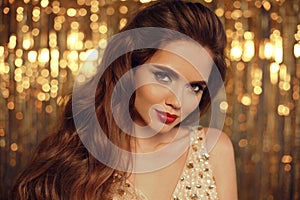 Fashion Beauty Girl Portrait on golden Christmas glitte