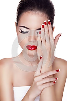 Fashion Beauty Girl. Red lips. Make up. Manicured nails. Attract