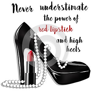 Fashion and beauty illustration - black stiletto shoe with pearls and lipstick