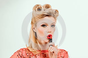 Fashion and beauty. Lips isolated on red background. Lip care and beauty. Glamor fashion portrait of beautiful woman