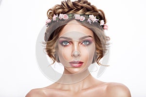 Fashion Beauty Model Girl with Flowers Hair. Bride. Perfect Creative Make up and Hair Style. Hairstyle.