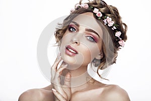 Fashion Beauty Model Girl with Flowers Hair. Bride. Perfect Creative Make up and Hair Style. Hairstyle.