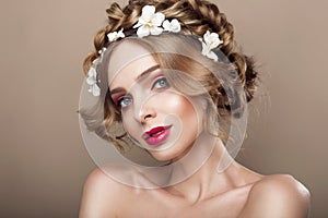 Fashion Beauty Model Girl with Flowers Hair. Bride. Perfect Creative Make up and Hair Style. Hairstyle.