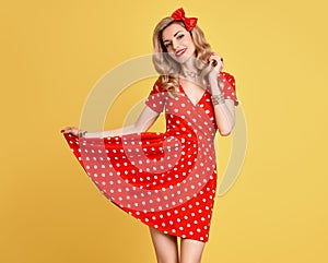 Fashion Beauty.PinUp Girl Smiling.Polka Dots Dress