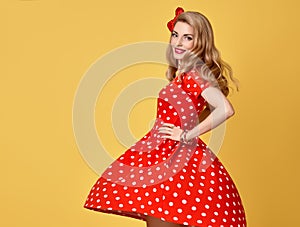 Fashion Beauty.PinUp Girl Smiling.Polka Dots Dress