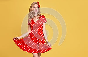 Fashion Beauty.PinUp Girl Smiling.Polka Dots Dress