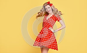 Fashion Beauty.PinUp Girl Smiling.Polka Dots Dress