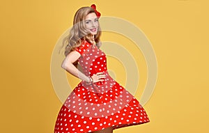 Fashion Beauty.PinUp Girl Smiling.Polka Dots Dress