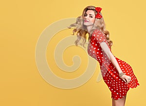 Fashion Beauty.PinUp Girl Smiling.Polka Dots Dress