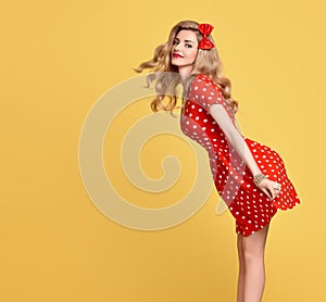 Fashion Beauty.PinUp Girl Smiling.Polka Dots Dress