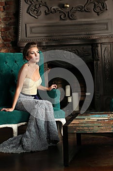 Fashion beauty portrait of attractive elegant woman in vintage interior
