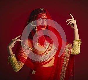 Fashion, beauty and portrait of Indian woman with veil in traditional clothes, jewellery and sari. Religion, culture and