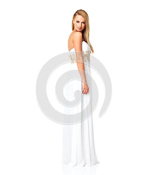 Fashion, beauty and portrait of woman in prom dress for party, celebration or formal with mockup. Couture, designer or