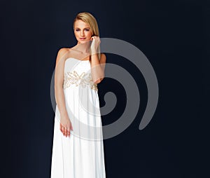 Fashion, beauty and portrait of woman in prom dress for party, celebration or formal with mockup. Couture, designer or