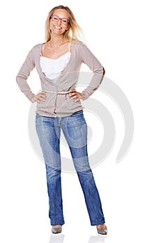 Fashion, beauty and portrait of woman on a white background for trendy, stylish and 2000s clothes. Style, cosmetics and