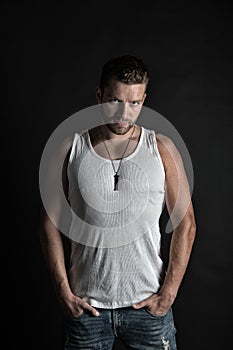 Fashion and beauty. Style and look, barber. Handsome mucho guy in vest. Man with unshaven face in studio. Fashion model photo