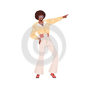 Fashion black man dancing at 80s retro discotheque. African dancer at 1980s disco party. Funky character in eighties