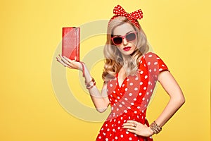 Fashion Blond Girl in Red Polka Dots Dress. Outfit