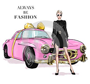 Fashion blond hair girl standing near pink retro car. Beautiful young woman with classic handbag. Pretty girl in skirt.