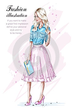 Fashion blonde girl in pink skirt, holding handbag. Hand drawn fashion woman. Sketch.