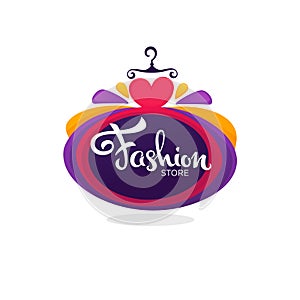 fashion boutique and store logo, label, emblem with bright balloon dress and lettering composition