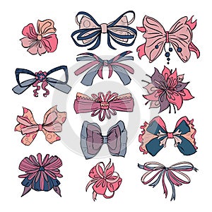 Fashion bows set in different colors and styles. Isolated on white background.