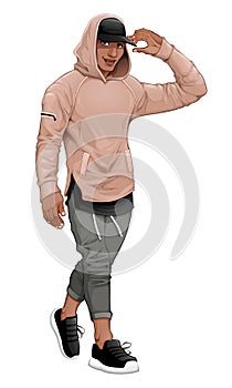 Fashion boy posing walking and touching his visor photo