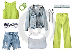 Fashion bright female denim clothes. Lemon green color women`s wear. Girl`s modern clothing isolated