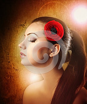 Fashion Brunette Girl with Flower isolated on textured background