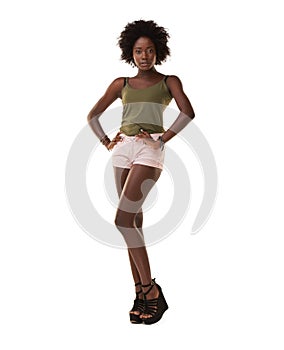 Fashion, casual and portrait of an African model in a studio with a trendy, edgy and cool outfit. Beauty, young and