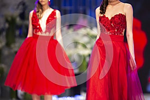 Fashion catwalk runway show models red dress