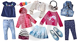 Fashion child`s clothes set isolated.Girl`s clothing collage.
