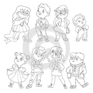 Fashion children. Funny cartoon character. Vector illustration. Coloring book