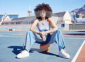 Fashion, city and portrait of black woman with basketball court with trendy, urban style and edgy clothes. Sports